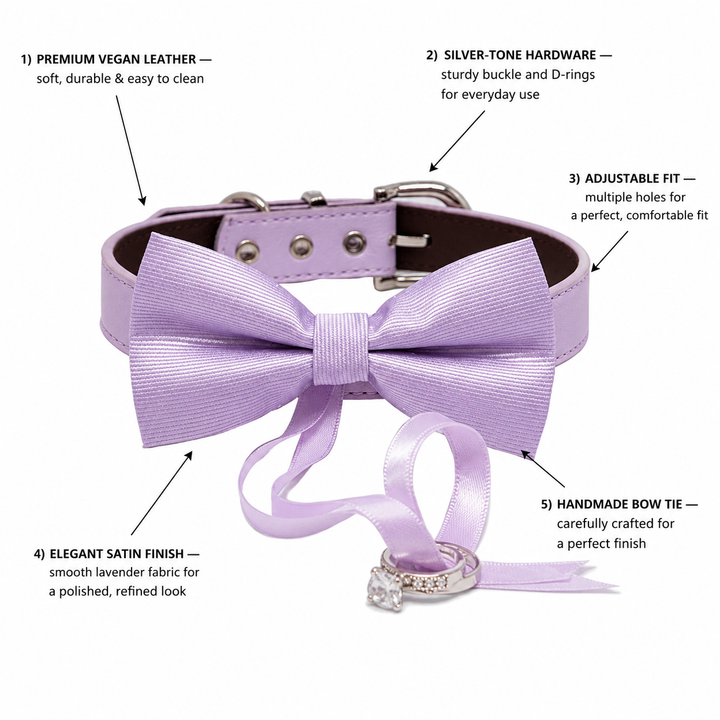 Lavender Live Laugh Love Ring Bearer Wedding Dog Bow Tie Collar with Adjustable Lilac Vegan Leather Collar