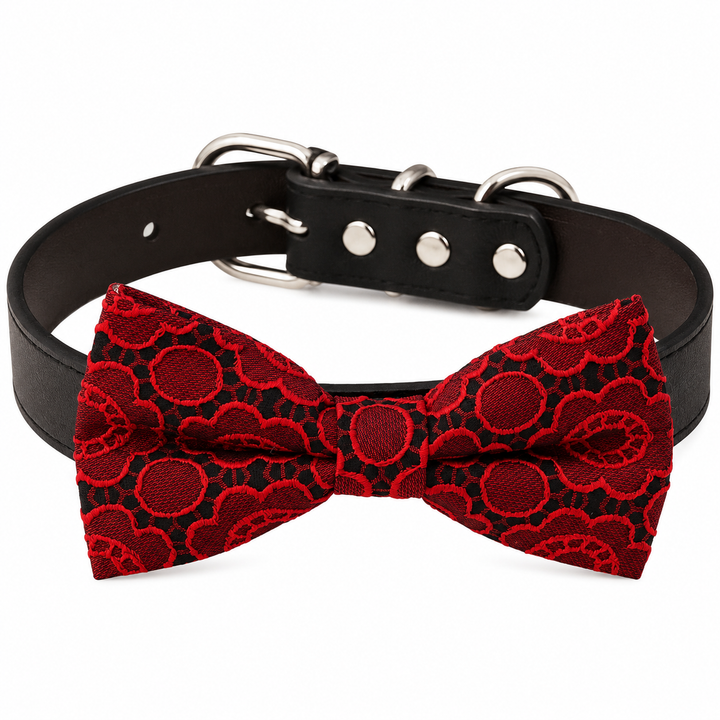 Red Floral Lace Ring Bearer Dog Bow Tie Collar with Black Vegan Leather Collar
