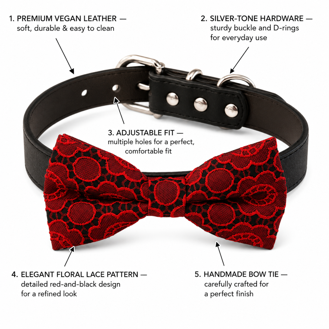Red Floral Lace Ring Bearer Dog Bow Tie Collar with Black Vegan Leather Collar