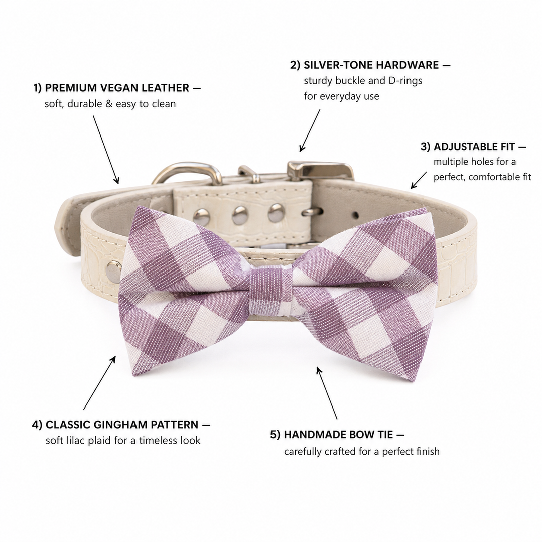 Lavender Plaid Ring Bearer Wedding Dog Bow Tie Collar with Adjustable Ivory Croc Vegan Leather Collar