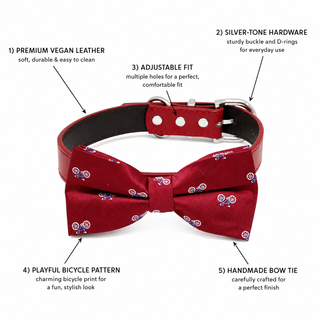 Burgundy Bicycle Ring Bearer Dog Bow Tie Collar with Red Vegan Leather Collar