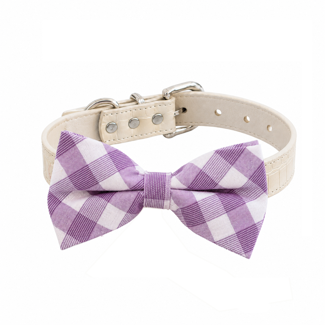 Lavender Plaid Ring Bearer Wedding Dog Bow Tie Collar with Adjustable Ivory Croc Vegan Leather Collar