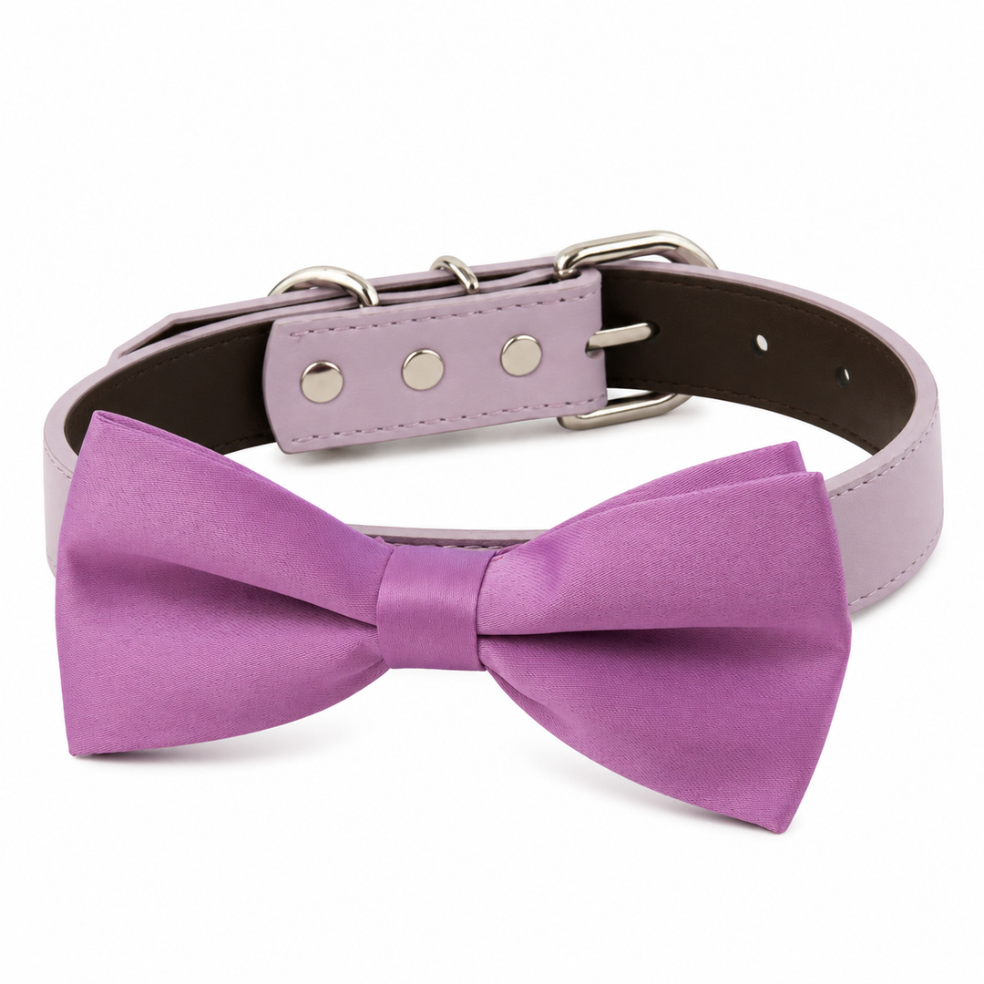 Lavender Ring Bearer Wedding Dog Bow Tie Collar with Adjustable Lilac Vegan Leather Collar