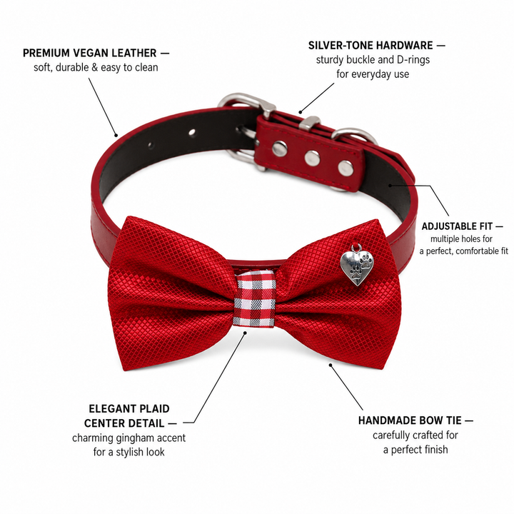 Red Ring Bearer Dog Bow Tie Collar with Steel Heart Paw Charm and Red Vegan Leather Collar