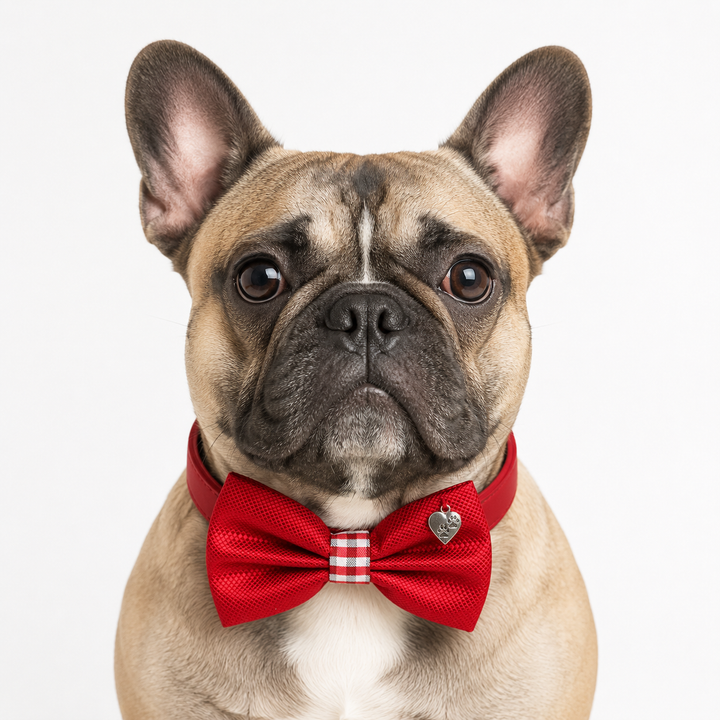 Red Ring Bearer Dog Bow Tie Collar with Steel Heart Paw Charm and Red Vegan Leather Collar