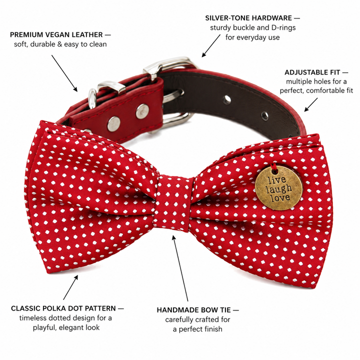 Red Polka Dot Ring Bearer Dog Bow Tie Collar with Red Vegan Leather Collar
