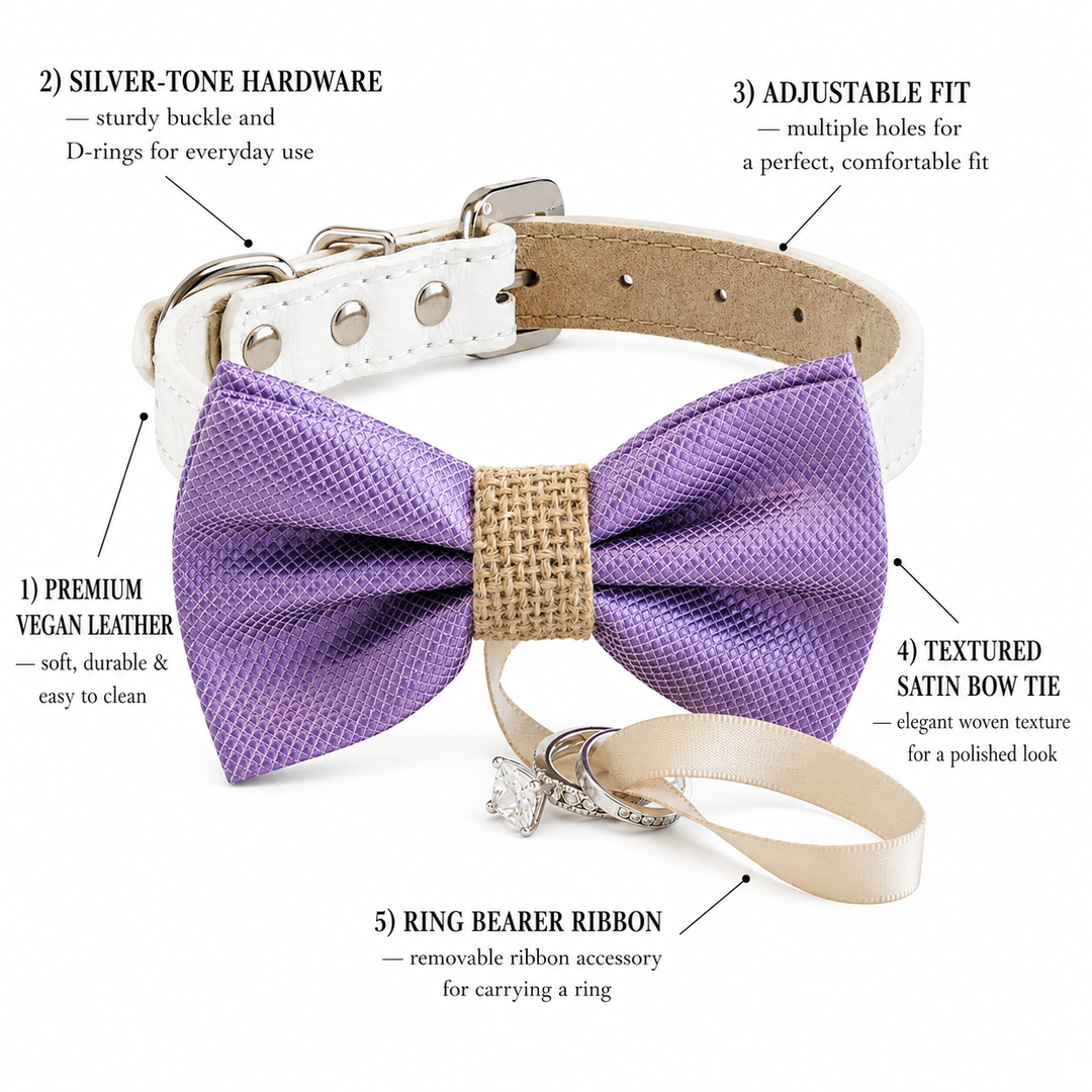 Lavender Ring Bearer Wedding Dog Bow Tie Collar with Adjustable White Vegan Leather Collar
