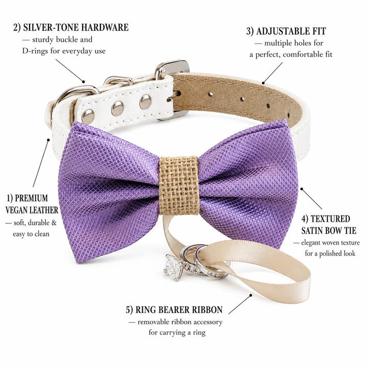 Lavender Ring Bearer Wedding Dog Bow Tie Collar with Adjustable White Vegan Leather Collar