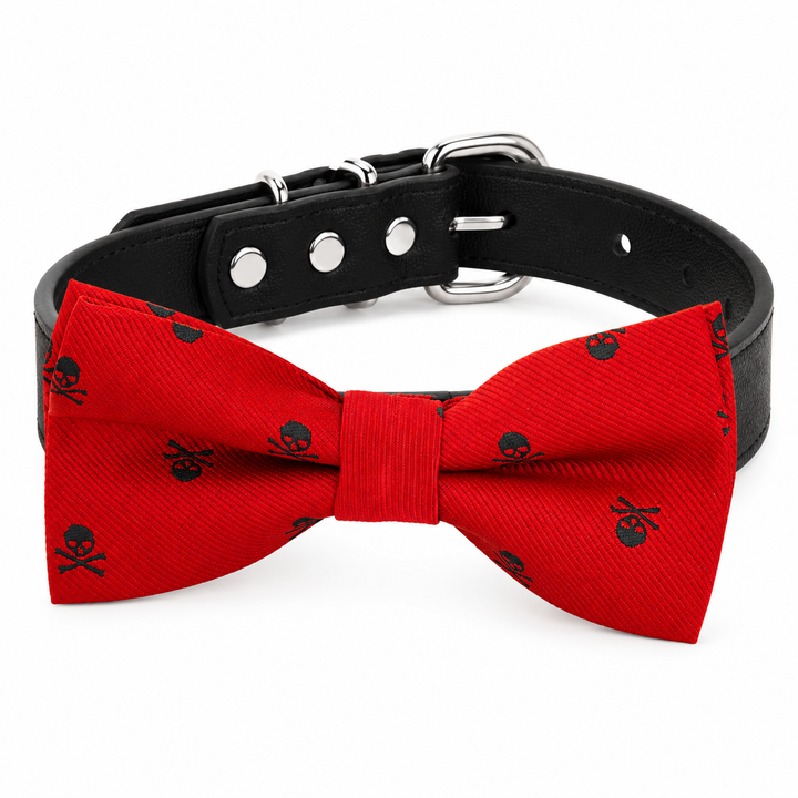 Red Skull Ring Bearer Dog Bow Tie Collar with Black Vegan Leather Collar
