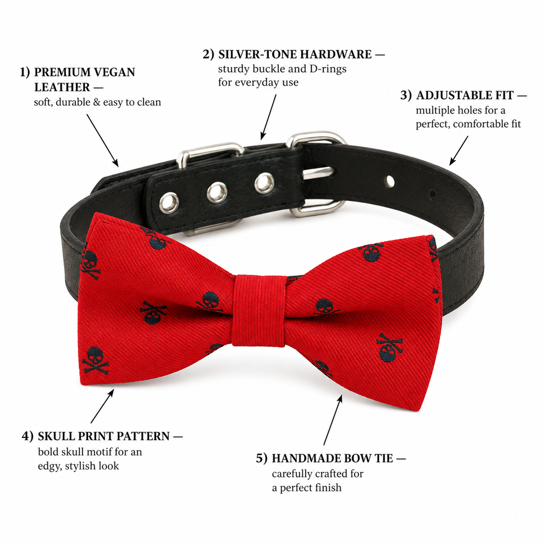 Red Skull Ring Bearer Dog Bow Tie Collar with Black Vegan Leather Collar