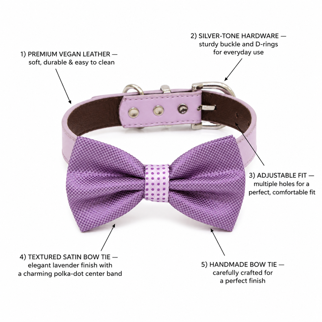 Lavender Textured Ring Bearer Wedding Dog Bow Tie Collar with Adjustable Lilac Vegan Leather Collar
