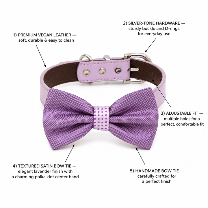 Lavender Textured Ring Bearer Wedding Dog Bow Tie Collar with Adjustable Lilac Vegan Leather Collar