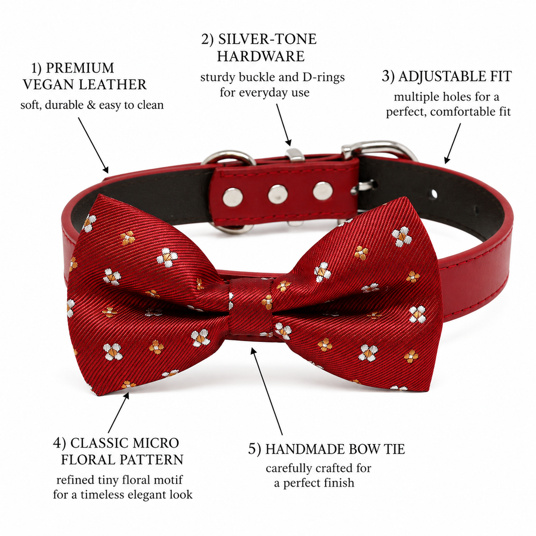 Red Floral Ring Bearer Dog Bow Tie Collar with Red Vegan Leather Collar