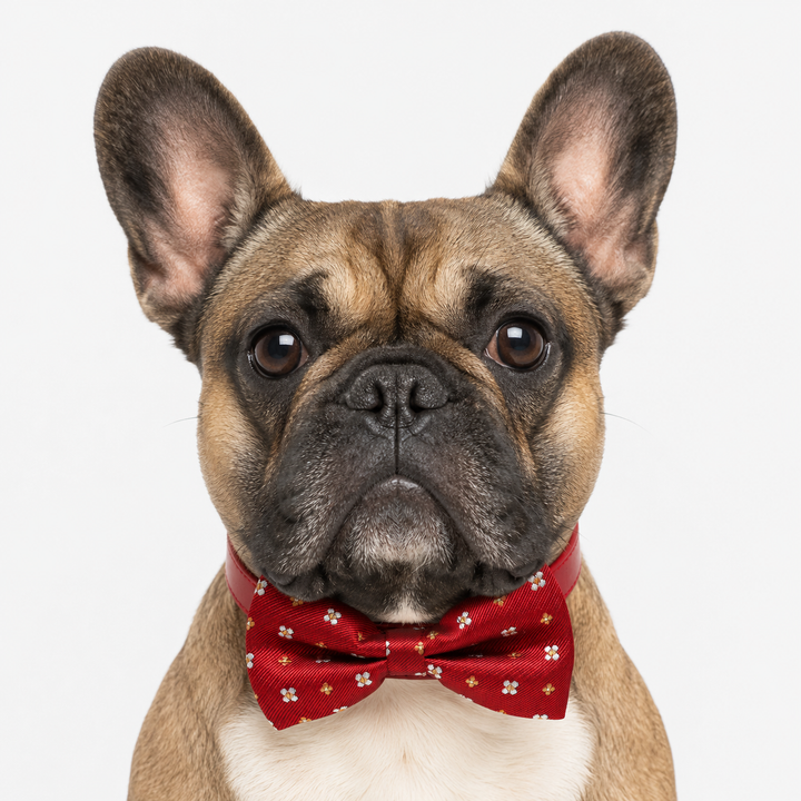 Red Floral Ring Bearer Dog Bow Tie Collar with Red Vegan Leather Collar