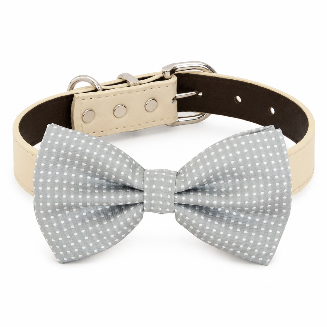 Light Gray Polka Dot Ring Bearer Dog Bow Tie Collar with Cream Vegan Leather Collar
