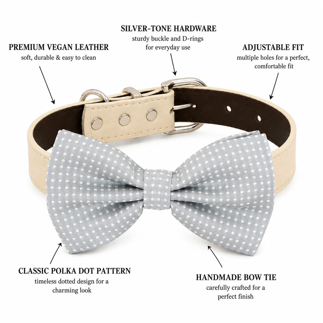 Light Gray Polka Dot Ring Bearer Dog Bow Tie Collar with Cream Vegan Leather Collar