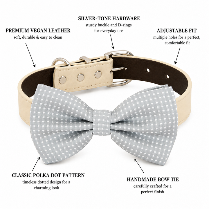 Light Gray Polka Dot Ring Bearer Dog Bow Tie Collar with Cream Vegan Leather Collar