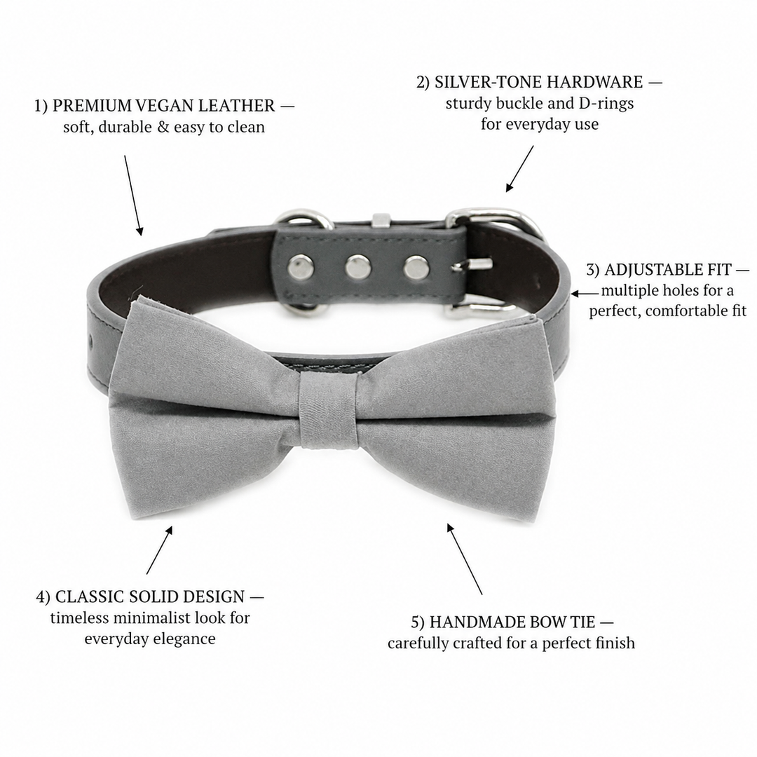Light Gray Ring Bearer Dog Bow Tie Collar with Adjustable Black Vegan Leather Collar
