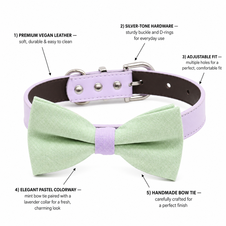 Mint Green Ring Bearer Dog Bow Tie Collar with Lavender Vegan Leather Collar