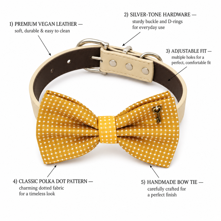 Mustard Polka Dot Key Charm Ring Bearer Wedding Dog Bow Tie Collar with Adjustable Ivory Vegan Leather Collar
