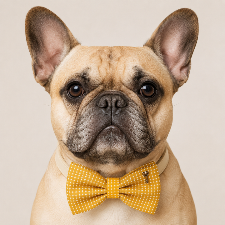 Mustard Polka Dot Key Charm Ring Bearer Wedding Dog Bow Tie Collar with Adjustable Ivory Vegan Leather Collar
