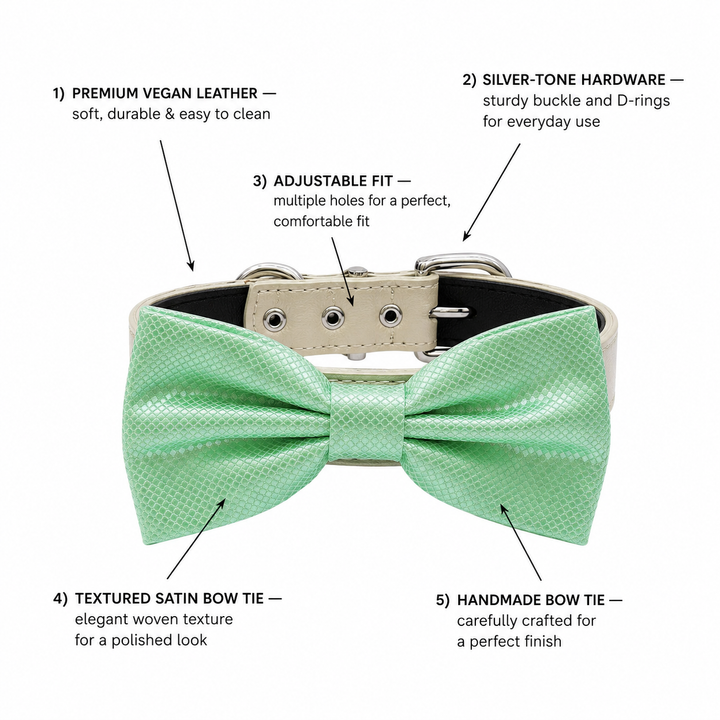 Mint Green Ring Bearer Wedding Dog Bow Tie Collar with Adjustable Ivory Vegan Leather Collar
