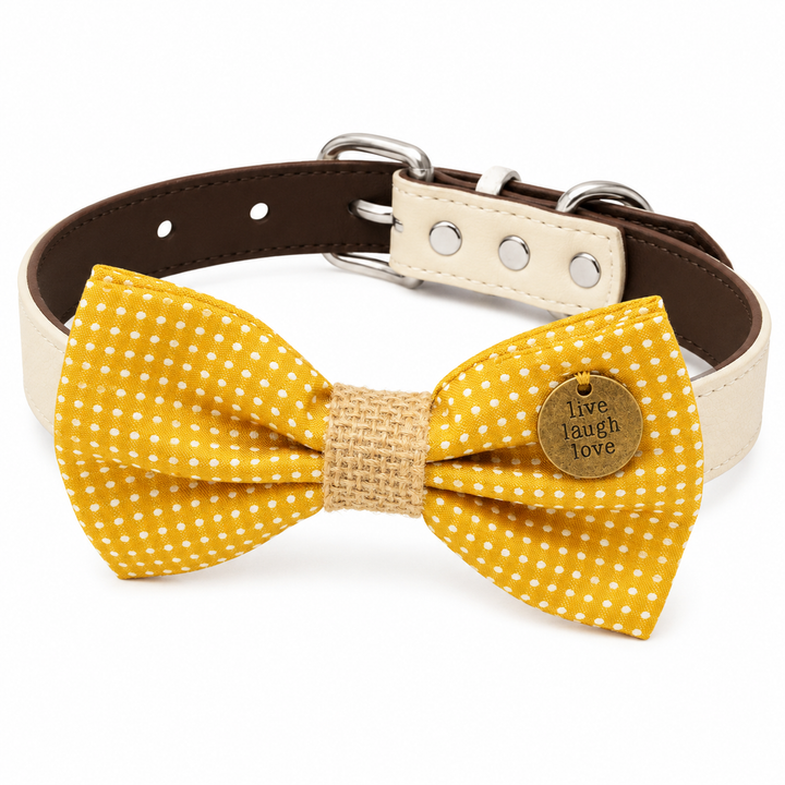 Mustard Polka Dot Live Laugh Love Ring Bearer Wedding Dog Bow Tie Collar with Adjustable Brown Vegan Leather Collar