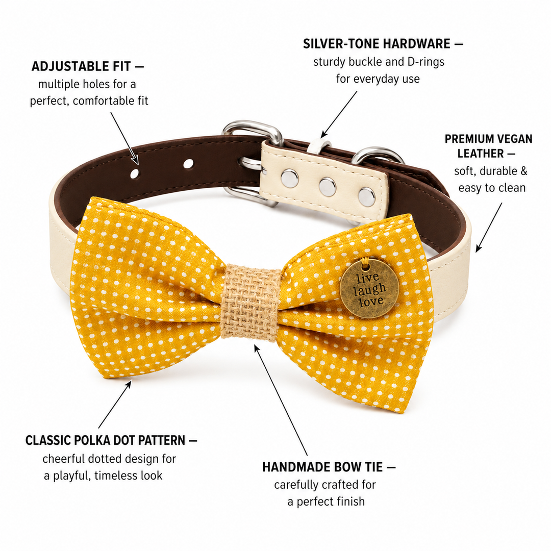 Mustard Polka Dot Live Laugh Love Ring Bearer Wedding Dog Bow Tie Collar with Adjustable Brown Vegan Leather Collar