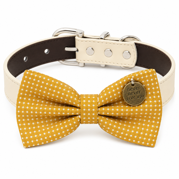 Mustard Polka Dot Never Never Give Up Ring Bearer Wedding Dog Bow Tie Collar with Adjustable Ivory Vegan Leather Collar