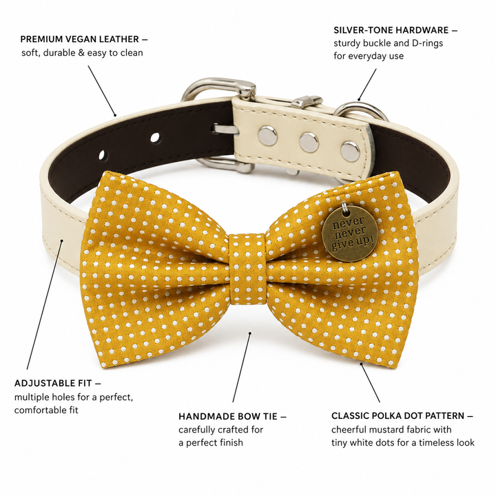 Mustard Polka Dot Never Never Give Up Ring Bearer Wedding Dog Bow Tie Collar with Adjustable Ivory Vegan Leather Collar