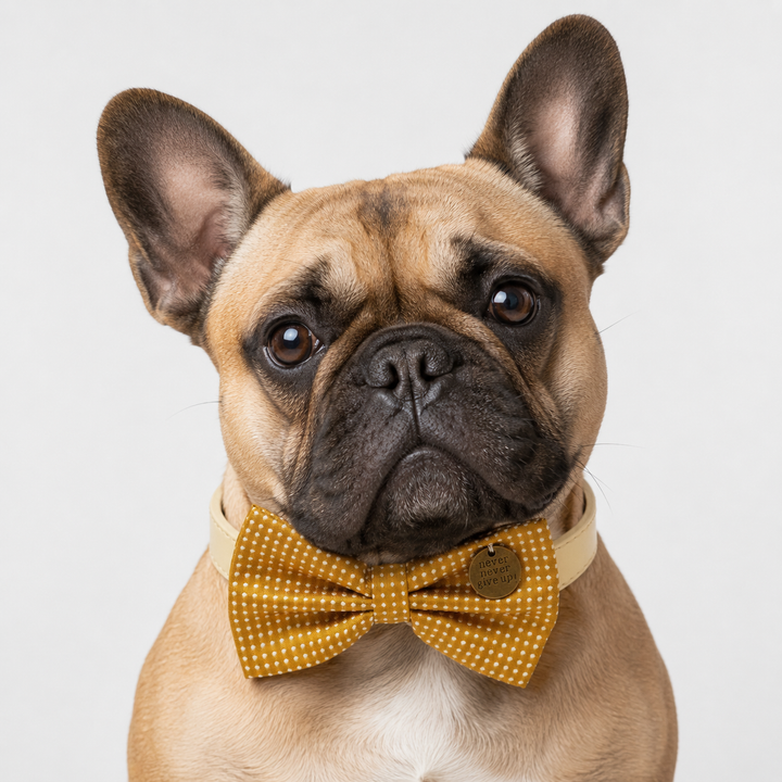 Mustard Polka Dot Never Never Give Up Ring Bearer Wedding Dog Bow Tie Collar with Adjustable Ivory Vegan Leather Collar