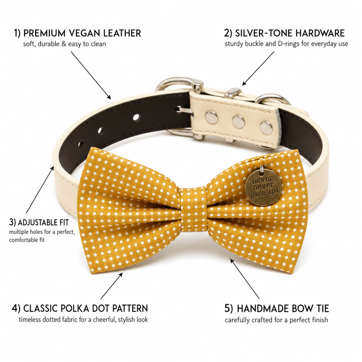 Mustard Polka Dot Ring Bearer Wedding Dog Bow Tie Collar with Adjustable Royal Blue Vegan Leather Collar