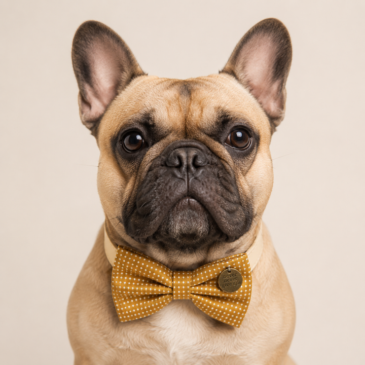 Mustard Polka Dot Ring Bearer Wedding Dog Bow Tie Collar with Adjustable Royal Blue Vegan Leather Collar