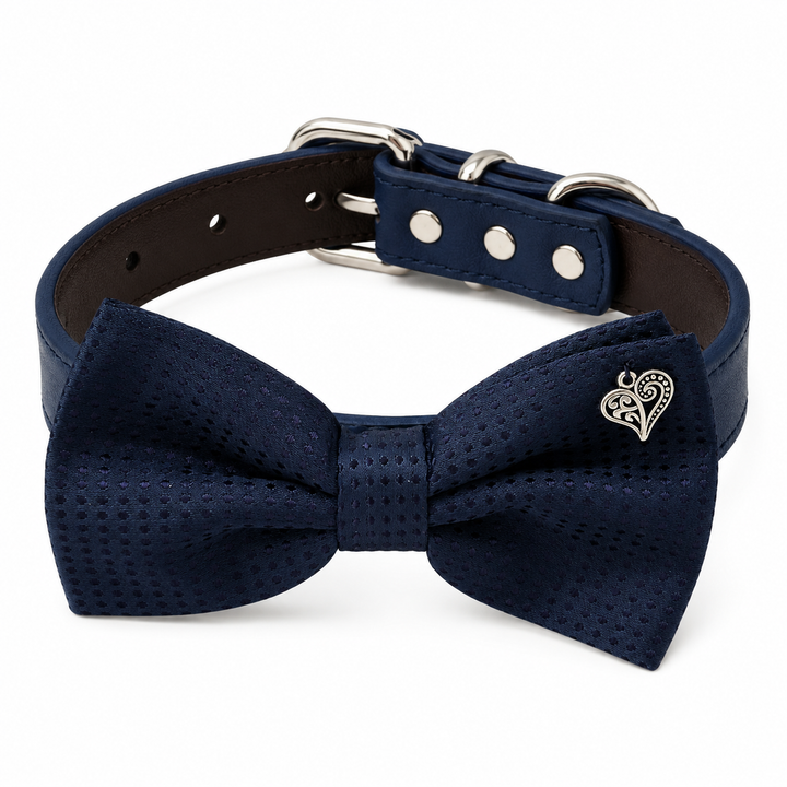 Navy Blue Heart Charm Ring Bearer Wedding Dog Bow Tie Collar with Adjustable Navy Vegan Leather Collar