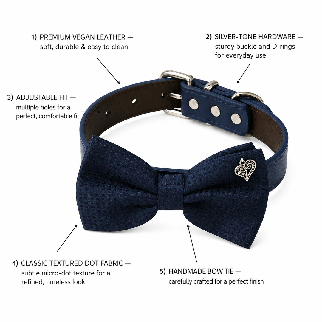 Navy Blue Heart Charm Ring Bearer Wedding Dog Bow Tie Collar with Adjustable Navy Vegan Leather Collar
