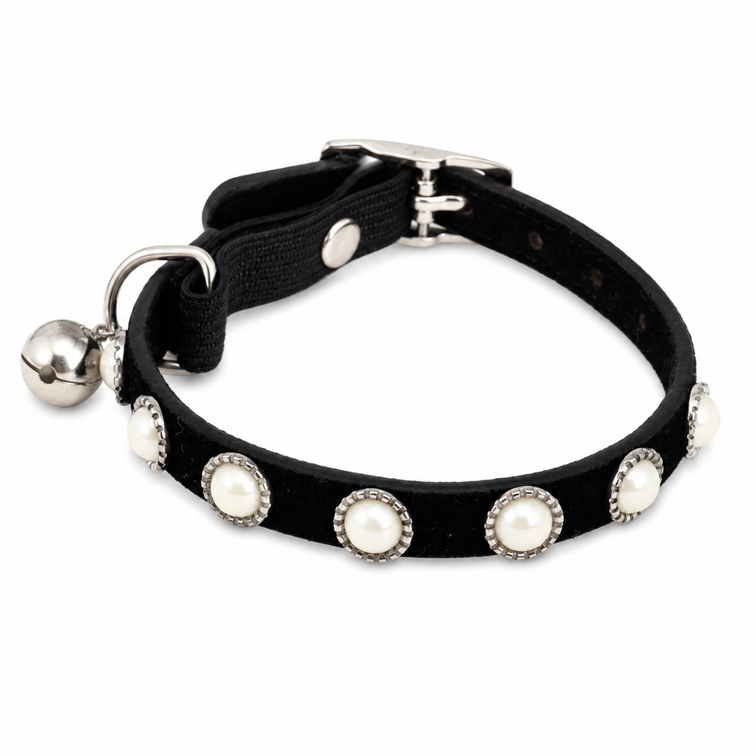 Black Dog Collar with Pearl Studs and Bell Charm