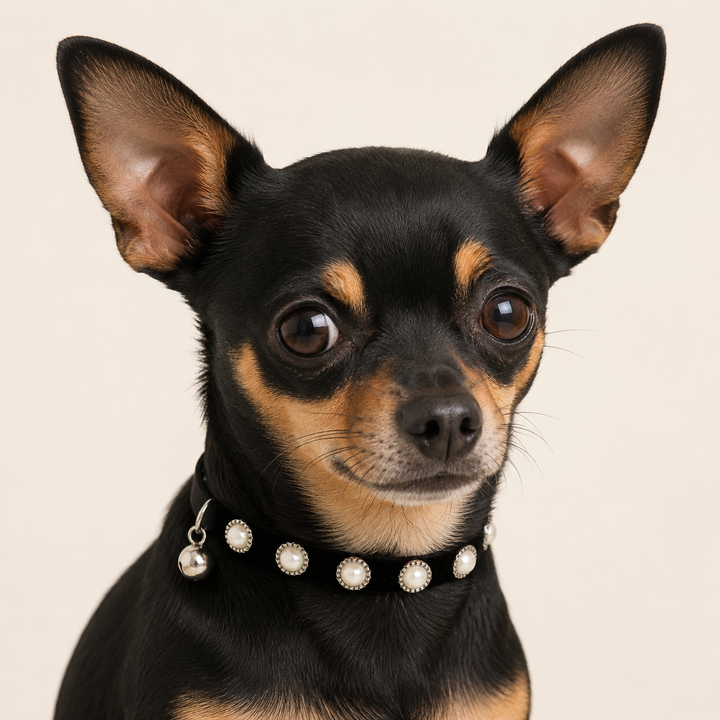 Black Dog Collar with Pearl Studs and Bell Charm