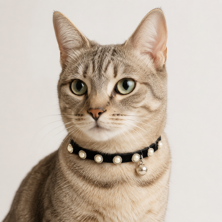 Black Dog Collar with Pearl Studs and Bell Charm