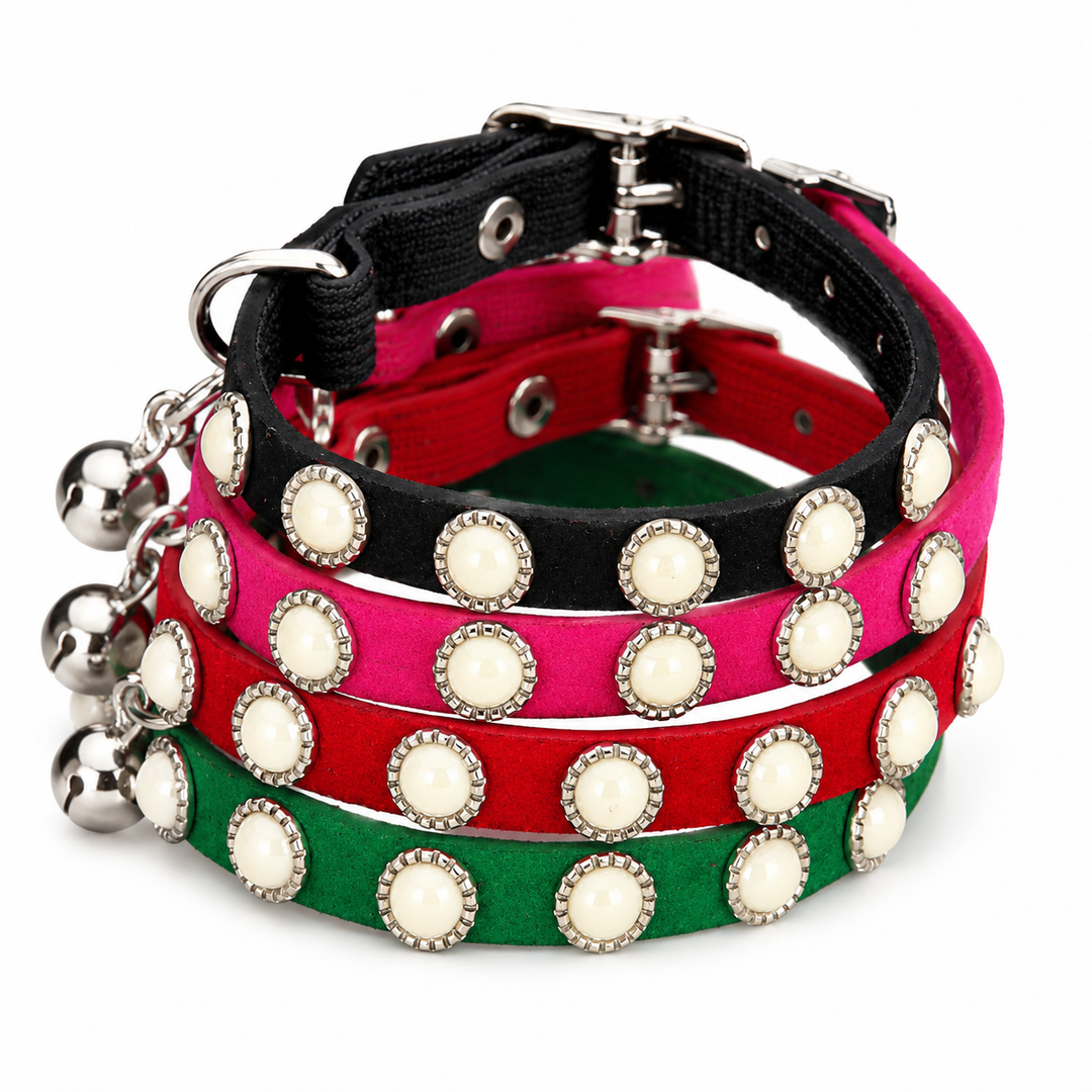 Black Dog Collar with Pearl Studs and Bell Charm