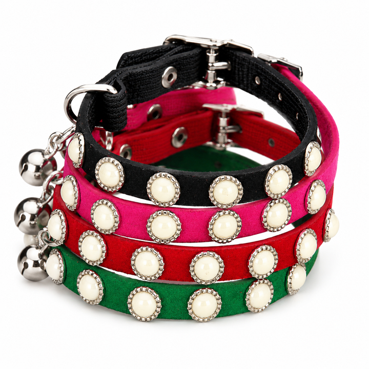 Black Dog Collar with Pearl Studs and Bell Charm