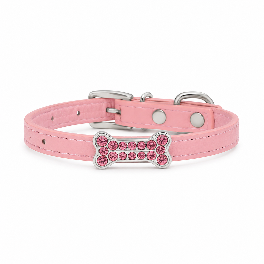 Pink Dog Collar with Pink Crystal Bone Charm