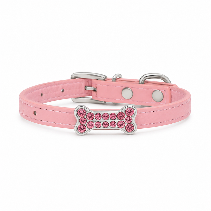 Pink Dog Collar with Pink Crystal Bone Charm