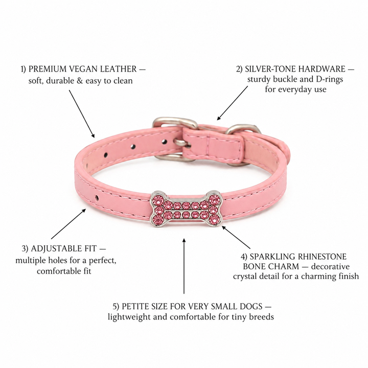 Pink Dog Collar with Pink Crystal Bone Charm