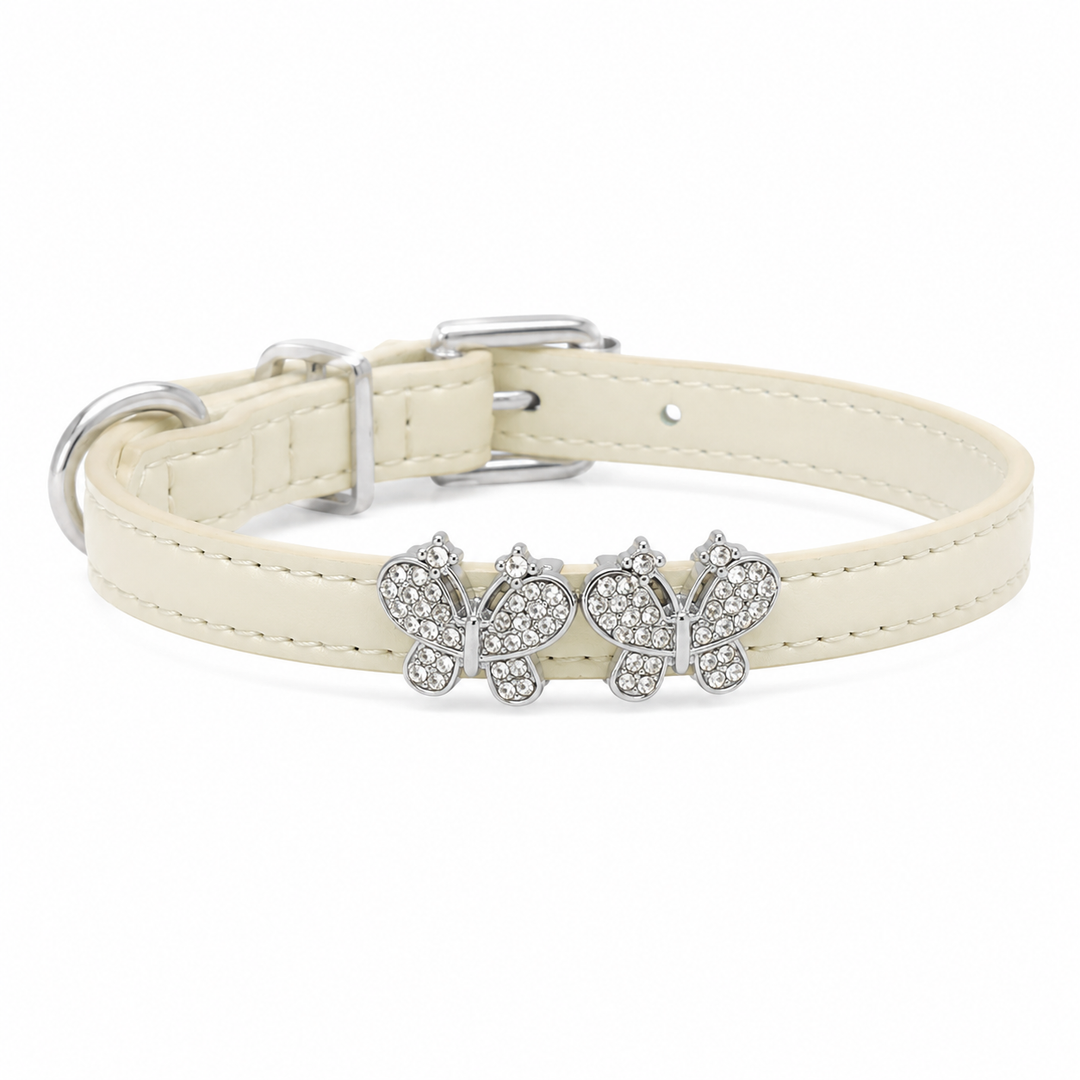 Ivory Dog Collar with Double Crystal Butterfly Charms