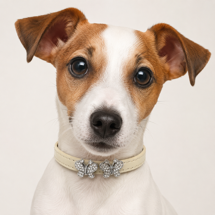 Ivory Dog Collar with Double Crystal Butterfly Charms