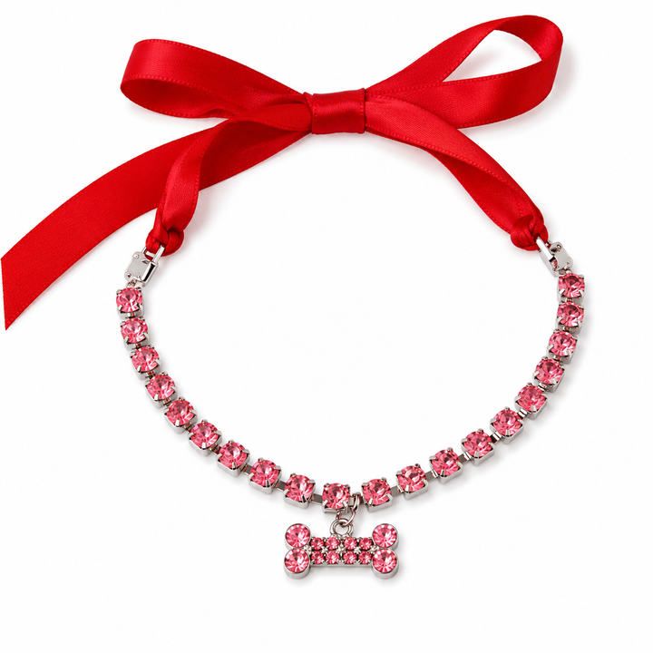 Pink Crystal Bone Charm Dog Necklace with Red Satin Ribbon
