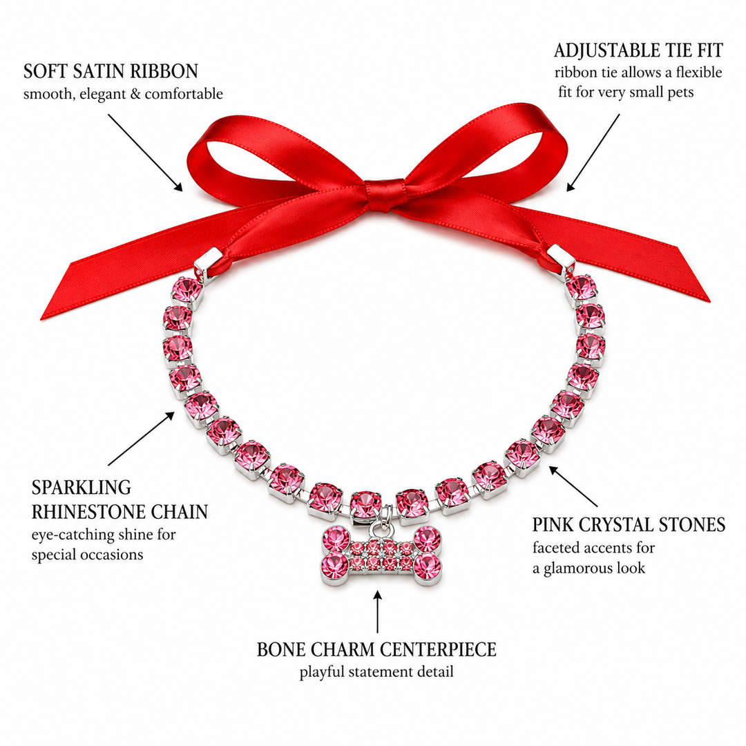 Pink Crystal Bone Charm Dog Necklace with Red Satin Ribbon