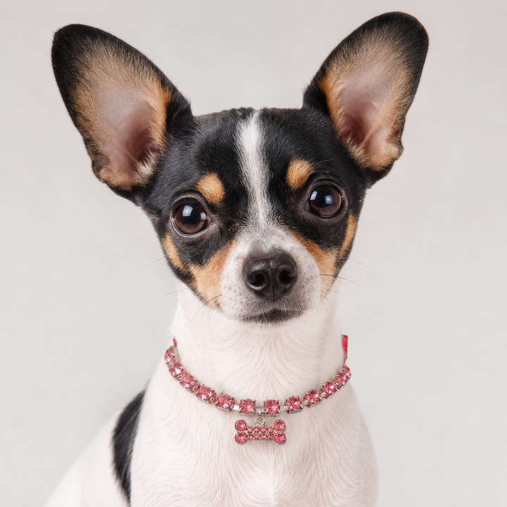 Pink Crystal Bone Charm Dog Necklace with Red Satin Ribbon