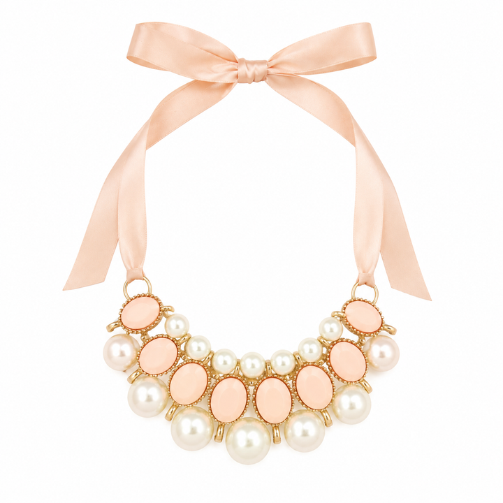 Blush Pearl Statement Dog Necklace with Satin Ribbon Tie