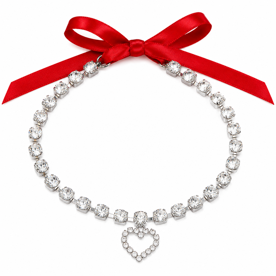 Crystal Heart Charm Dog Necklace with Red Satin Ribbon Tie